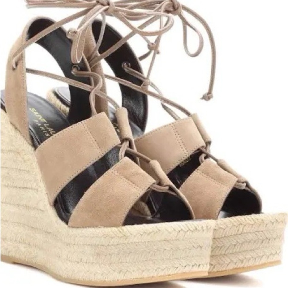 Saint Laurent Scamosciato Espadrille Lace Up Wedges Tan Suede 37
